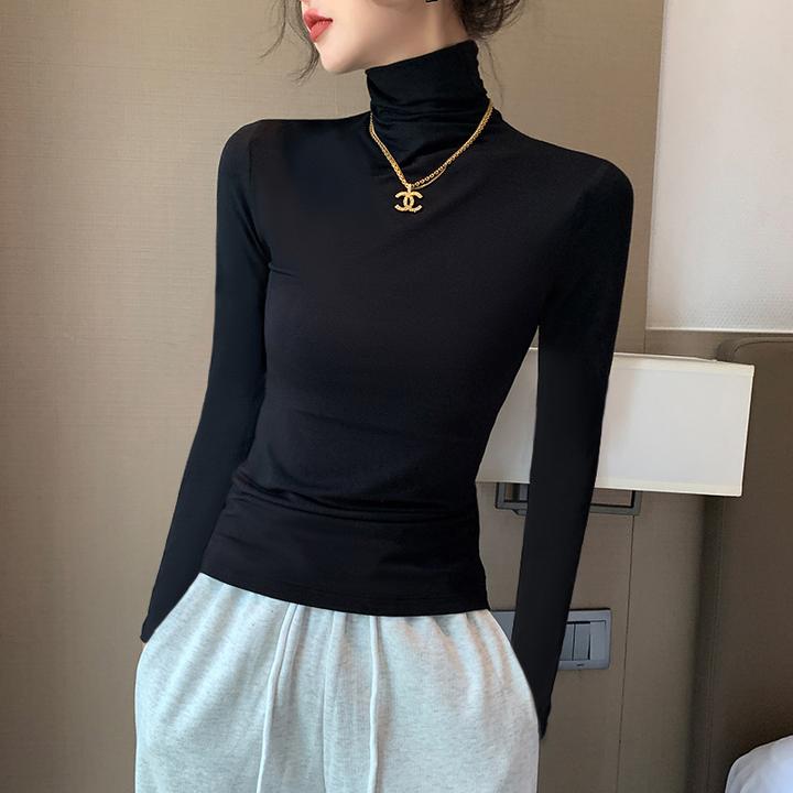 黑色修身长袖t恤女春秋衣服上衣高领黑色内搭紧身打底衫体恤薄款