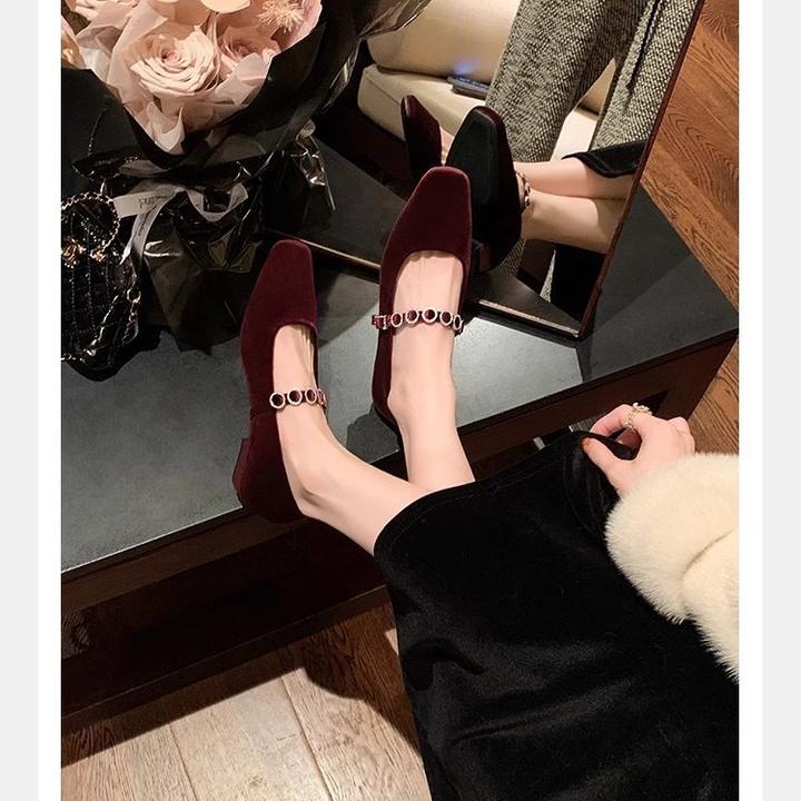 羊皮版新款法式方头浅口高跟鞋一字钻带低跟绒面玛丽珍单鞋女春秋
