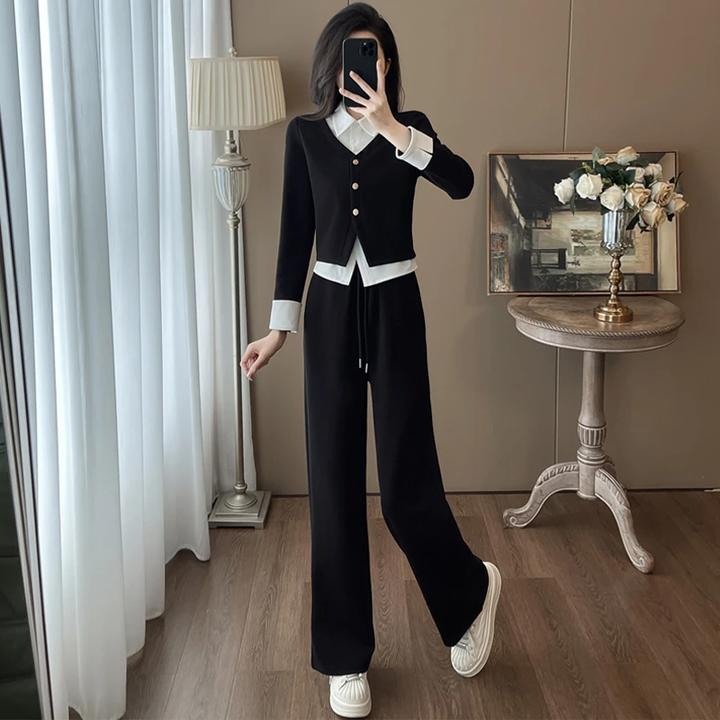 高含棉休闲套装女2024秋冬季新款洋气减龄假两件上衣阔腿裤两件套