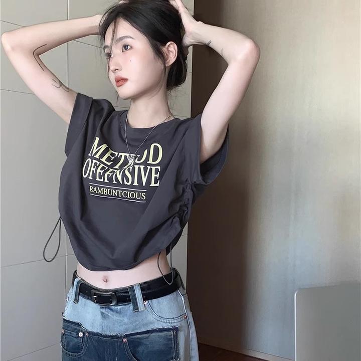 美式复古抽绳不规则短袖t恤女夏季宽松辣妹短款褶皱露脐体恤上衣
