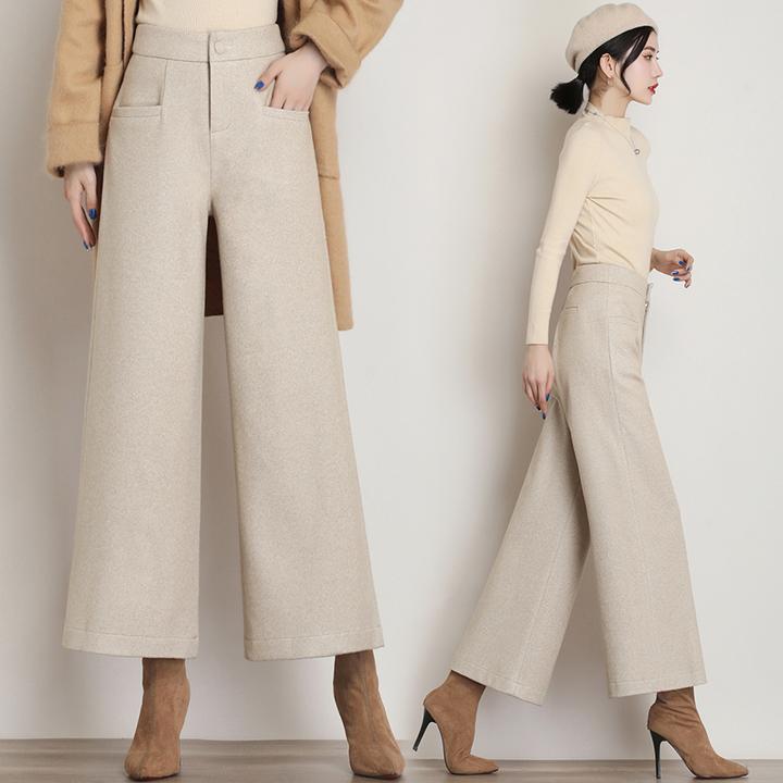 高腰毛呢阔腿裤女长裤秋冬季显瘦直筒裤时尚宽松裤裙加厚妈妈裤子