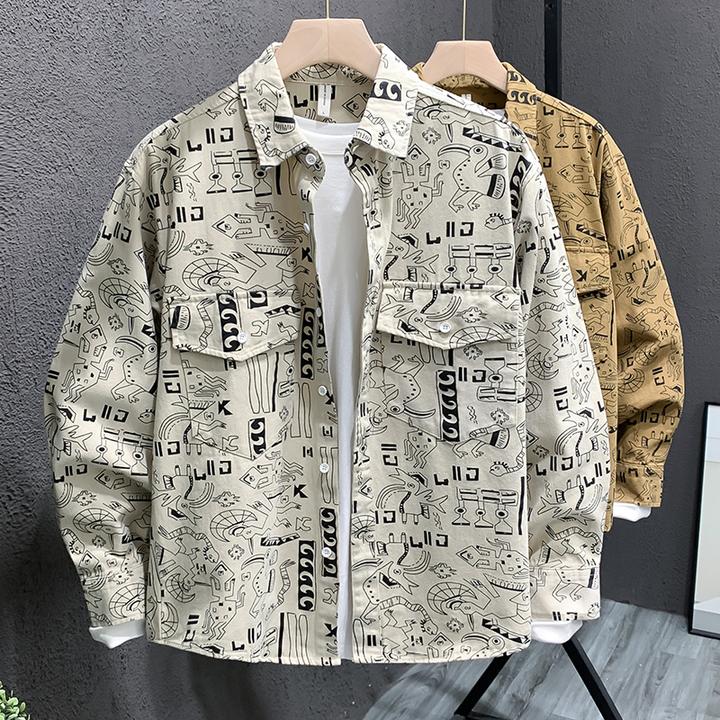 多口袋高级感痞帅字母满印工装衬衫男士轻奢宽松潮流美式衬衣外套