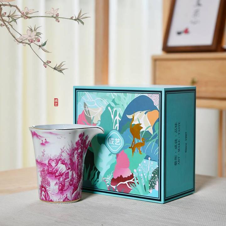 成艺玛瑙红内绘公道杯陶瓷分茶器家用茶海茶道创意高档礼盒装中式