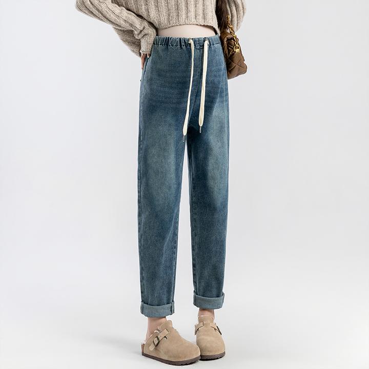 孕妇抽绳牛仔裤秋冬款洋气试试外穿无托腹宽松高弹力宽松哈伦长裤