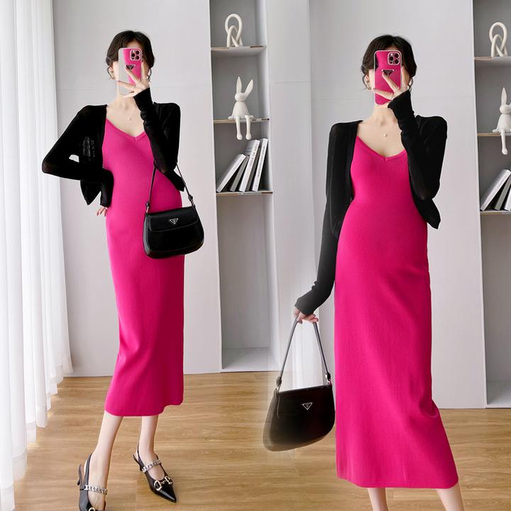 孕妇夏装吊带连衣裙新款辣妈复古气质针织长裙修身包臀两件套夏季