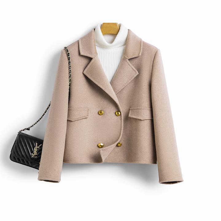 新款纯羊毛双面呢大衣西服外套短款女士西装双排扣羊毛呢外套