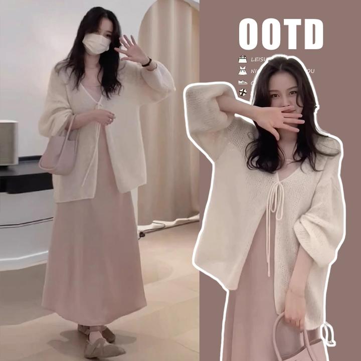 孕妇裙2024春夏新款法式宽松温柔灯笼袖绑带针织衫孕妇吊带裙套装