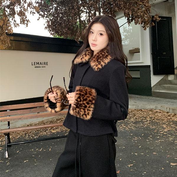 时尚复古小众豹纹毛领加厚短外套女设计感单排扣上衣百搭秋冬韩版