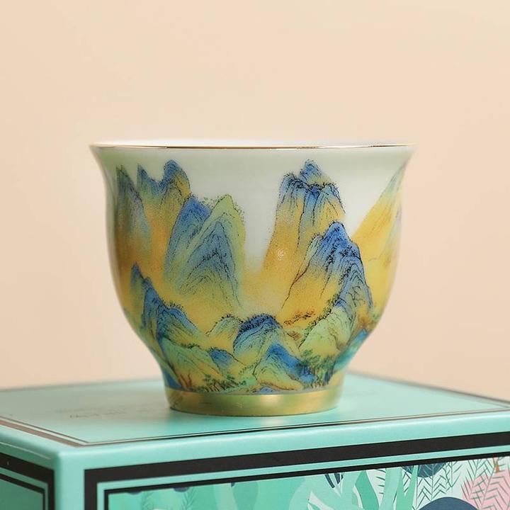 成艺千里江山茗津杯茶具茶杯陶瓷主人杯手绘伴手礼商务礼品新中式