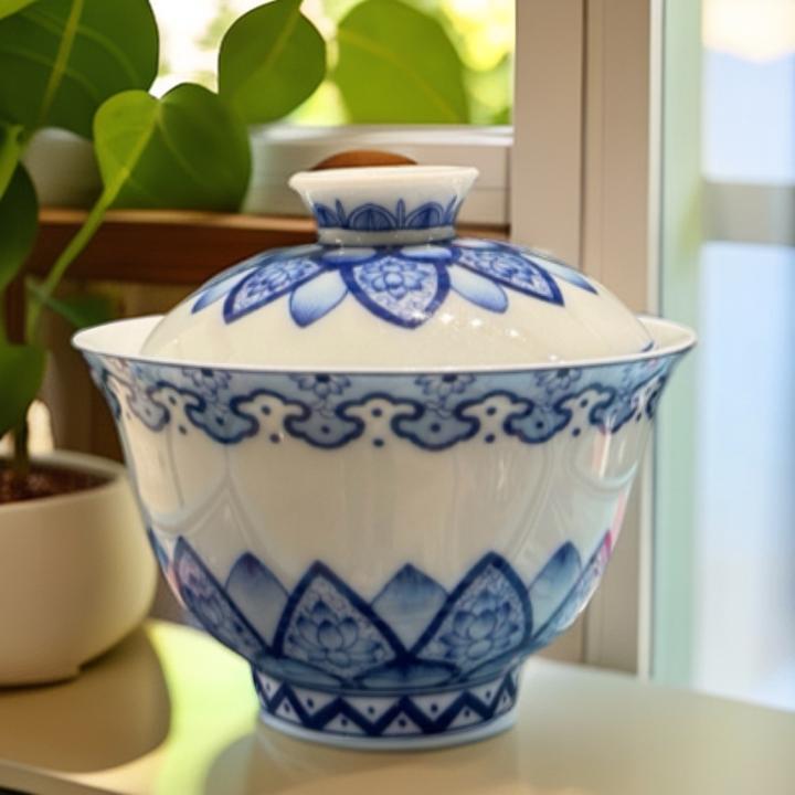 成艺青花并蒂莲二才盖碗小号盖碗迷你盖碗手工手绘青花瓷独立包装