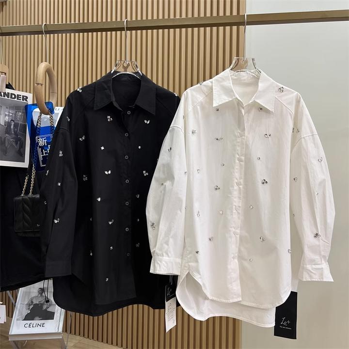 轻奢高端潮牌女装欧货轻奢法式手缝水钻翻领棉质衬衫衬衣玫红上衣