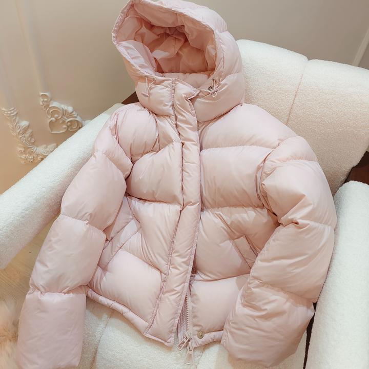 【95白鸭绒】2024冬季新款纯色连帽短款羽绒服女加厚外套百搭淡粉
