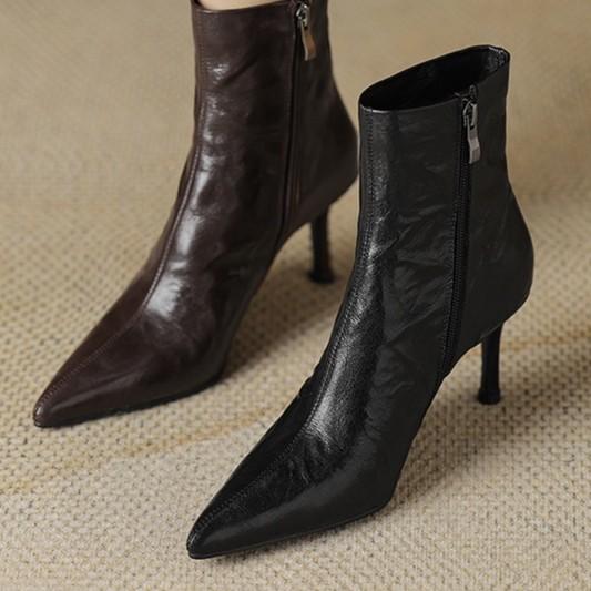 十里7.5CM黑色细跟短筒靴秋冬百搭尖头细跟气质高跟瘦瘦靴女显瘦