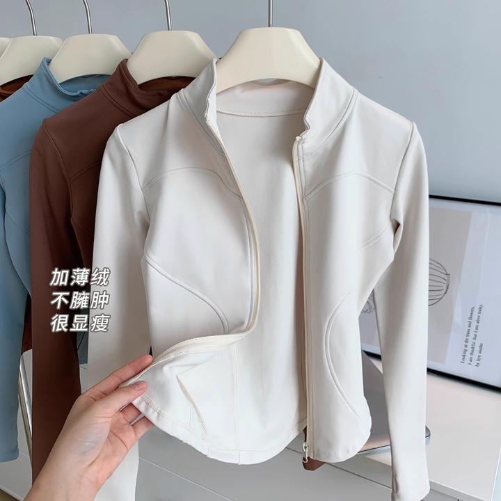 春季女保暖加薄绒瑜伽运动外套女修身长袖瑜伽服上衣健身服显瘦