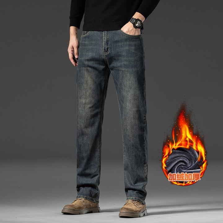 飞过海加绒阔腿牛仔裤男款冬季男装弹力直筒宽松牛仔裤男士加绒裤