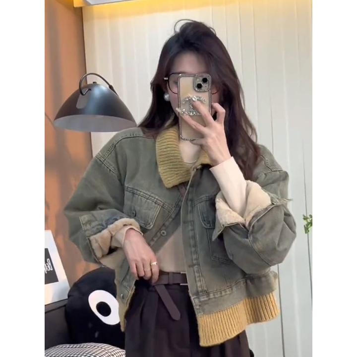 美式复古慵懒风撞色翻领牛仔外套女2024春秋新款小众休闲风上衣潮