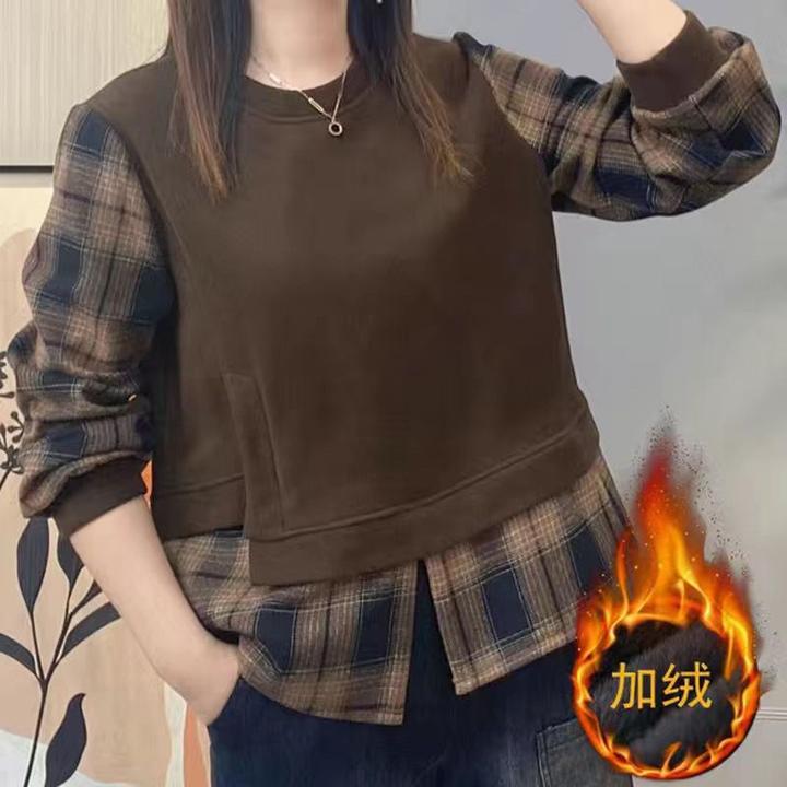 2024冬季新款拼接加绒加厚卫衣女百搭宽松遮肉保暖假两件卫衣女