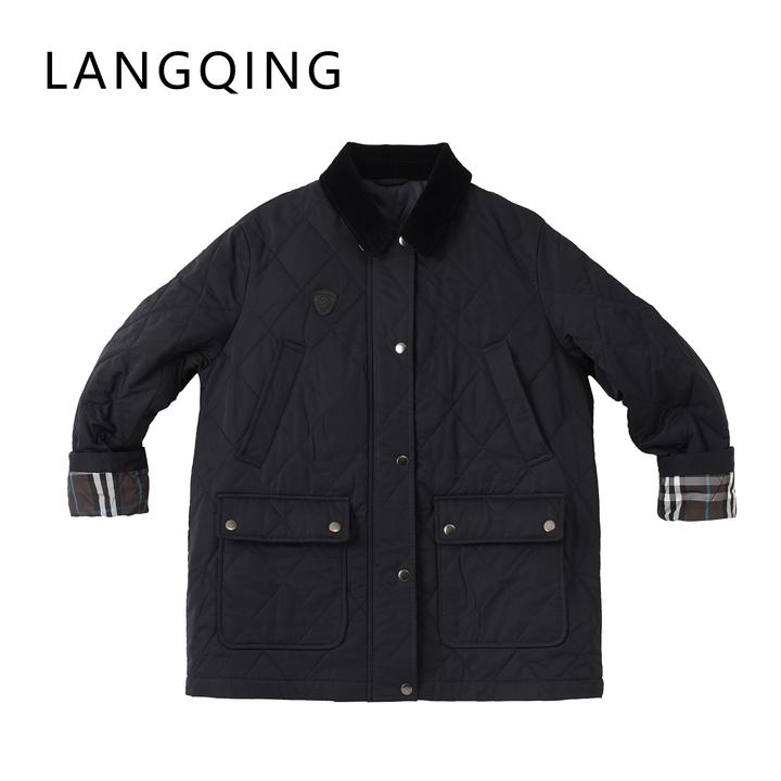 LANGQING 藏青色小个子菱格中长款巴恩风外套立领棉衣43205#
