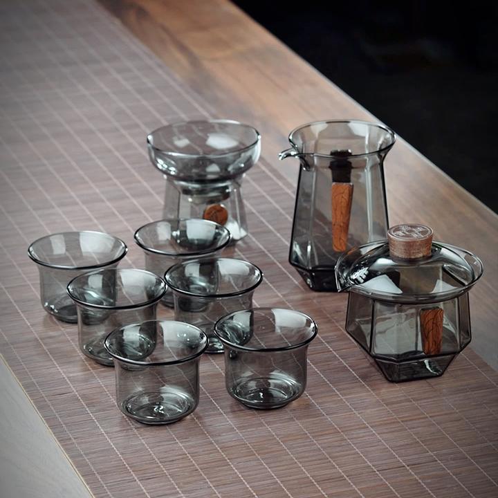 八方透黑盖碗公杯茶漏玻璃茶具简约耐热茶壶加厚手工家用创意