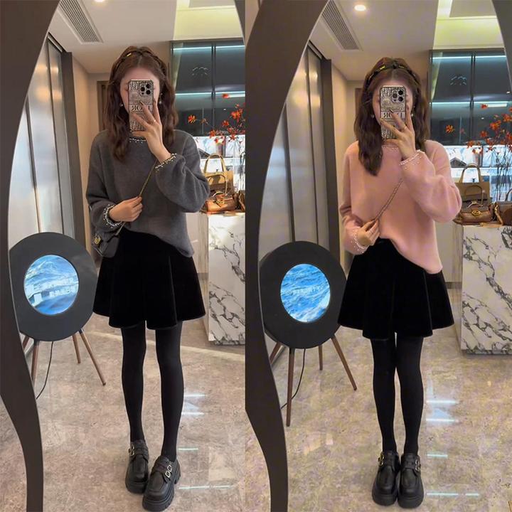 法式慵懒风重工毛衣秋冬ins宽松套头针织衫女丝绒半身裙两件套装