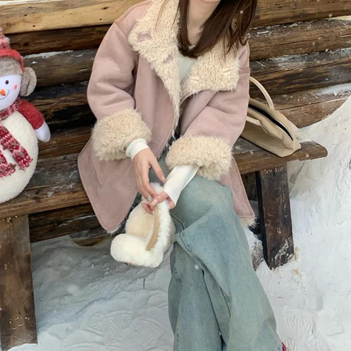 【奶霜蜜桃】冬季撞色皮毛一体双面穿保暖加厚时尚宽松毛绒短外套女