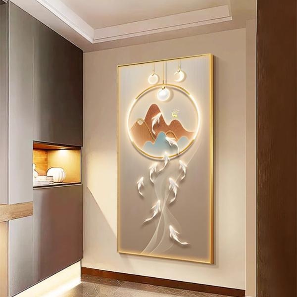 轻奢高档不带灯玄关装饰画现代简约艺术九鱼聚财客厅走廊过道竖版