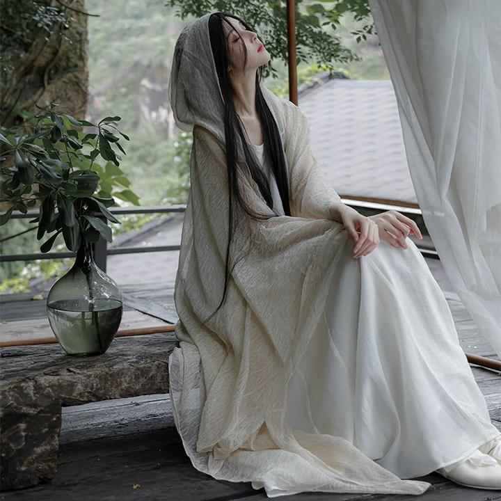 设计款小众新中式仙气轻薄飘逸宽松随性文艺禅意开衫连帽斗篷防晒