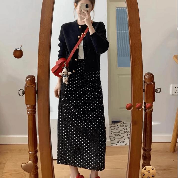 女装2024新款韩版小香风黑色长袖波点拼接高腰A字裙