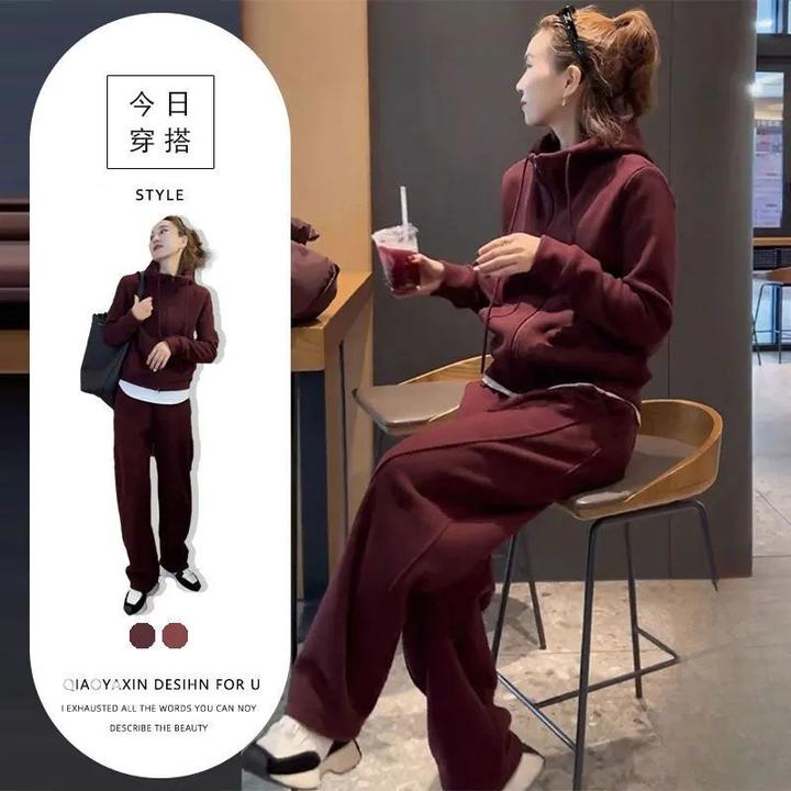 单件/酒红色休闲运动女2024秋季新款拉链连帽卫衣外套直筒阔腿裤