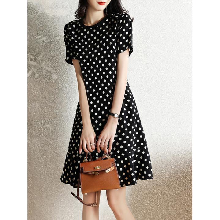 黑色波点连衣裙女夏2025新款法式高端气质小众设计高级感短袖中裙