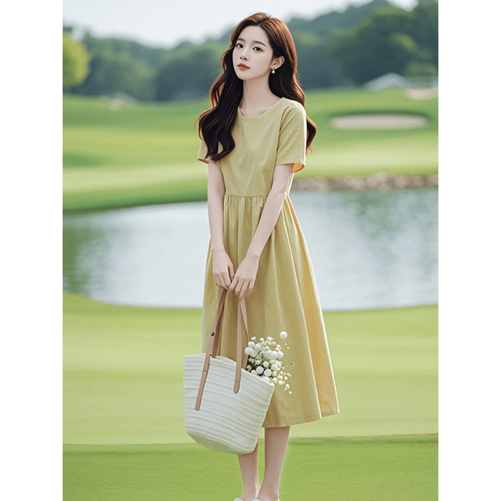 法式简单大方独特绝美小个子显高显瘦黄色大码连衣裙子夏季中长裙