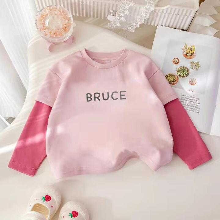 2024春秋新款假两件长袖T恤卡通印花撞色打底衫女宝宝秋装上衣潮