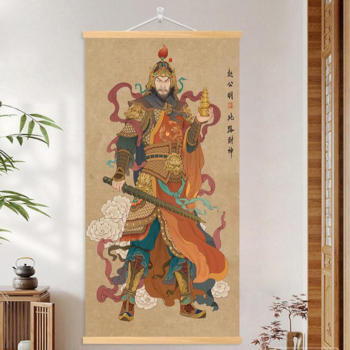 赵公明玄关装饰画家居饰品挂画卷轴实木挂轴九路财神武财神高品质