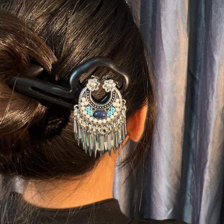 黑檀木双面短流苏月牙流苏民族风新中式百搭发簪时尚精致