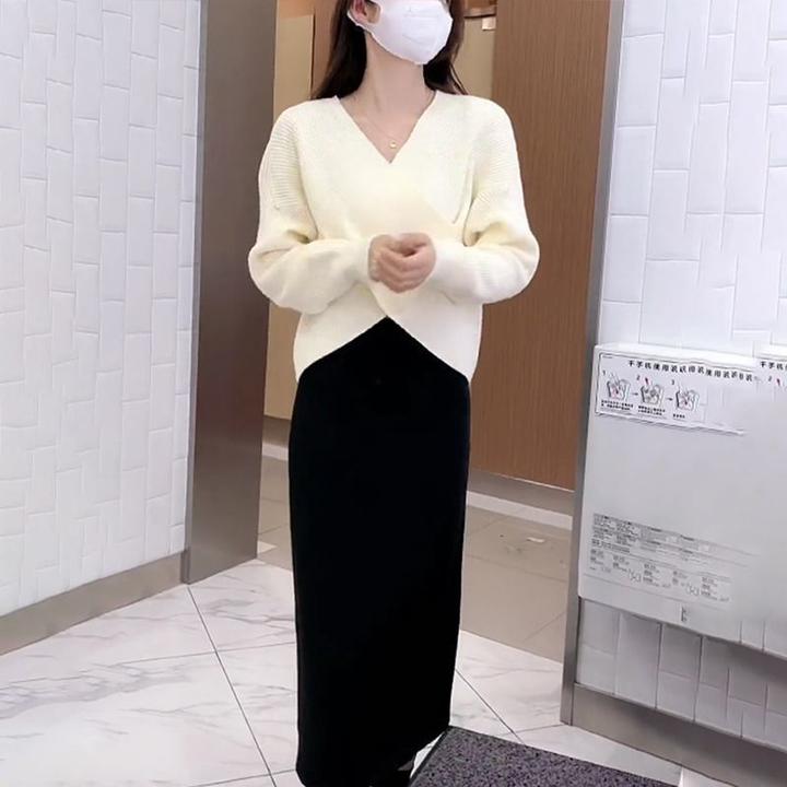 网红御姐套装女秋装V领针织衫交叉毛衣半身裙高级感小香风两件套