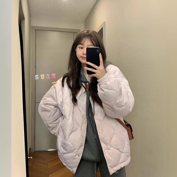 淡淡紫菱格棉服女装冬季2024新款宽松棉袄小个子棉衣保暖外套