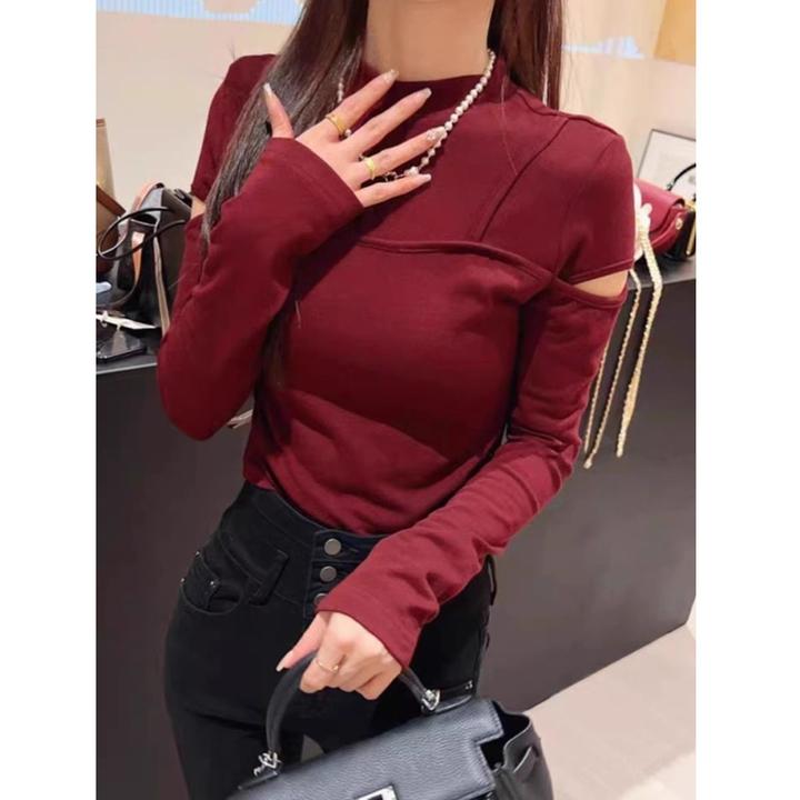 95棉正肩镂空长袖t恤女2025新款设计感紧身显瘦上衣内搭打底衫女