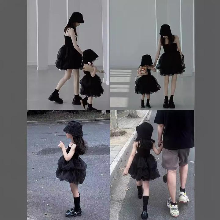 啦啦女童法式小黑裙夏款韩范气质母女吊带裙网纱蓬蓬裙沙滩度假亲