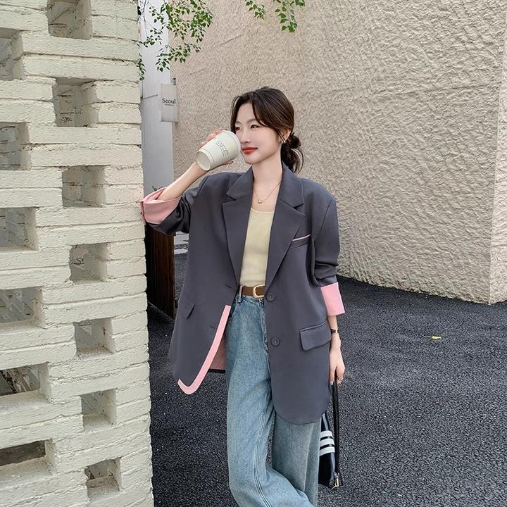 灰色时尚拼接撞色西装外套女秋季2024新款休闲宽松气质高级感西服