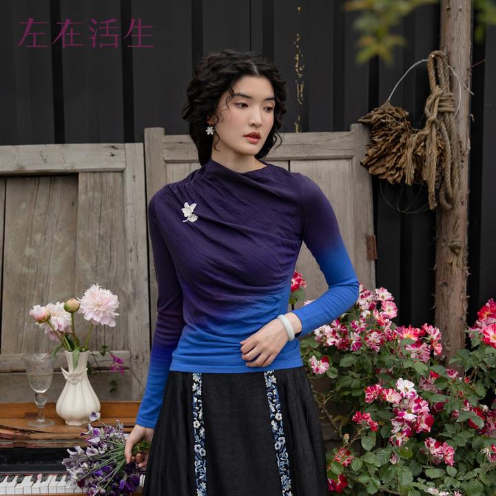 生活在左绵羊毛毛衣渐变保暖褶皱显瘦秋季新品套头女士1933072