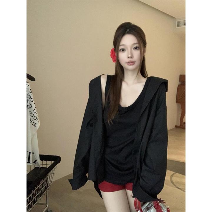 休闲黑色两件套女显瘦内搭背心上衣宽松微透薄款长袖防晒衬衫外套