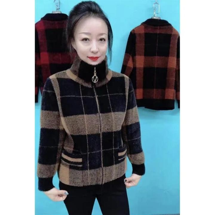 恒源祥彩羊妈妈秋冬季仿仿水貂绒格子外套女2024新款休闲洋气领长
