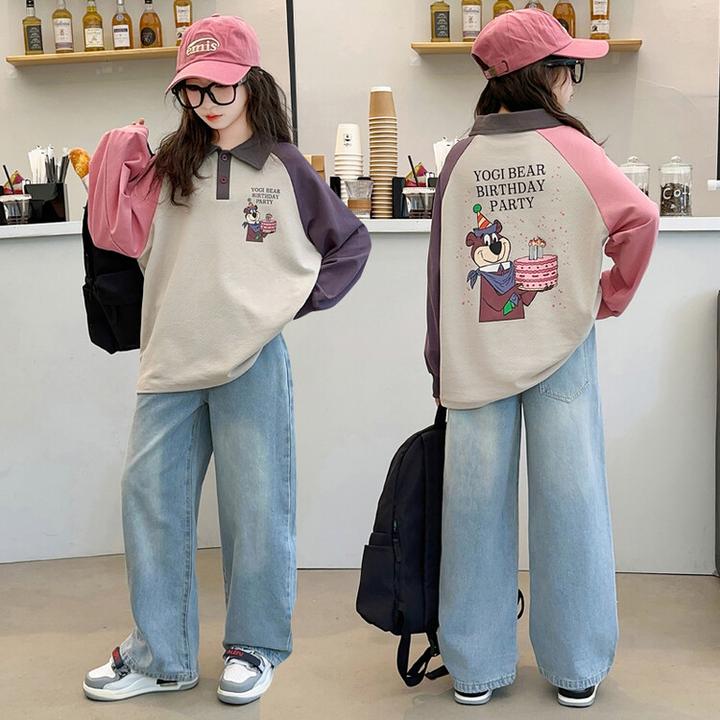 女童韩版春秋款卡通套装2024新款中大童5-12岁15岁开学季牛仔裤