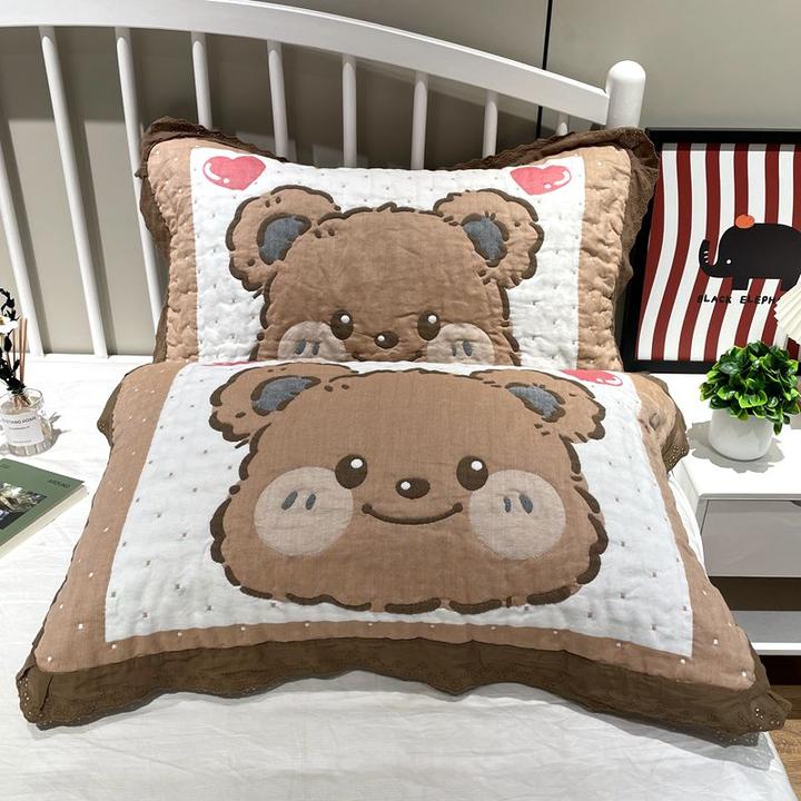 纯棉纱布花边枕巾一对装高档柔软透气卡通可爱家用情侣全棉枕头巾