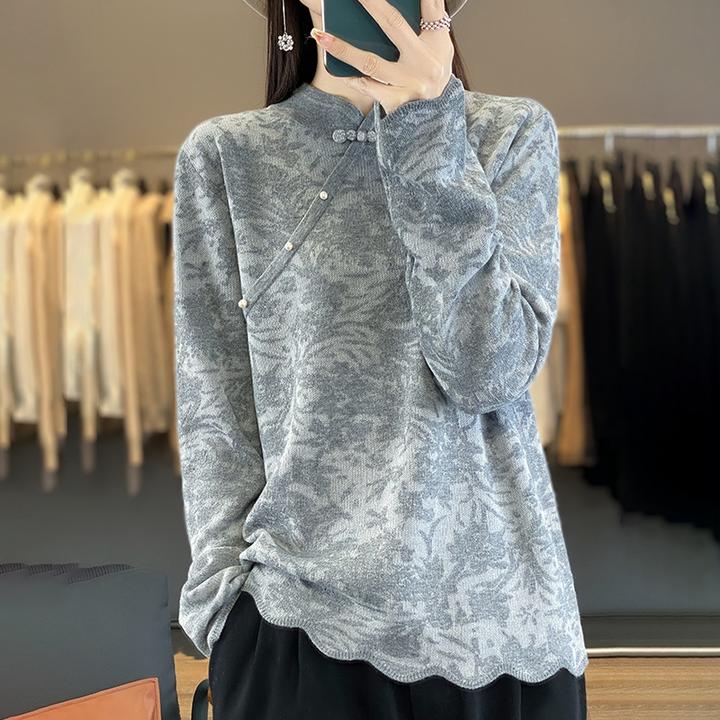 新中式国风打底衫女士秋冬新款提花蕾丝针织大码胖mm宽松旗袍毛衣