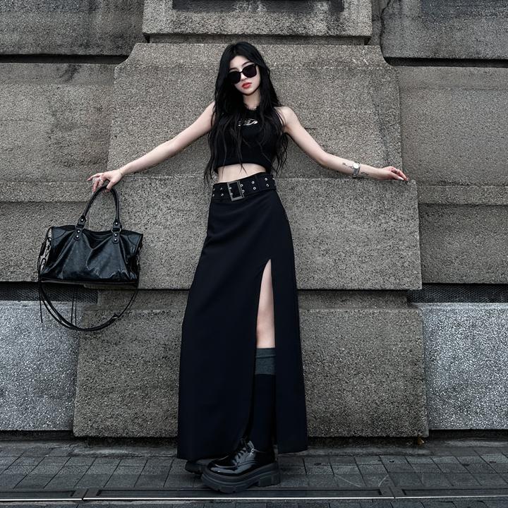 EDX黑色开叉半身裙女夏季高腰显瘦包臀裙气质温柔一步裙子300203