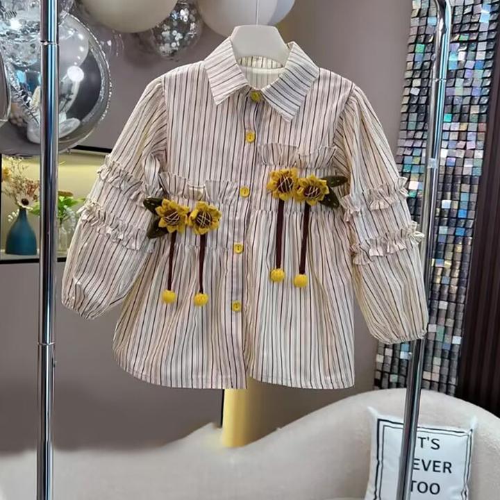 女童衬衫秋装2024新款洋气儿童条纹衬衣春秋款外套秋季女大童上衣