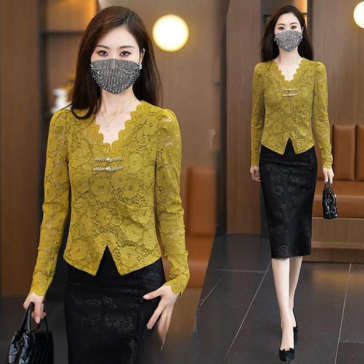 啄木鸟花边镂空V领衬衫女装2024秋季新款气质小众长袖修身显瘦蕾