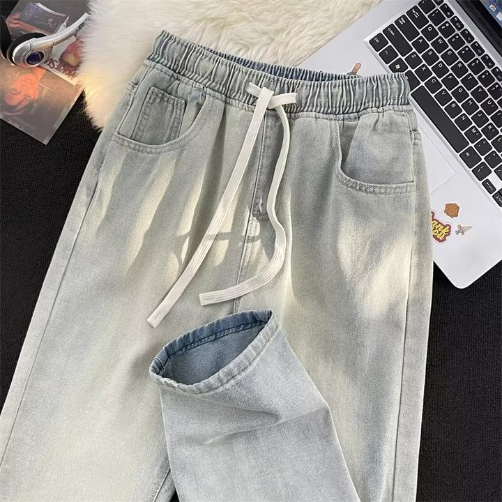 夏季复古多口袋抽绳牛仔裤男生高街做旧宽松休闲阔腿裤长裤潮牌男