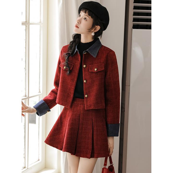 百褶裙两件套秋冬洋气时尚高级感过年红色短裙套装小香风夹棉外套